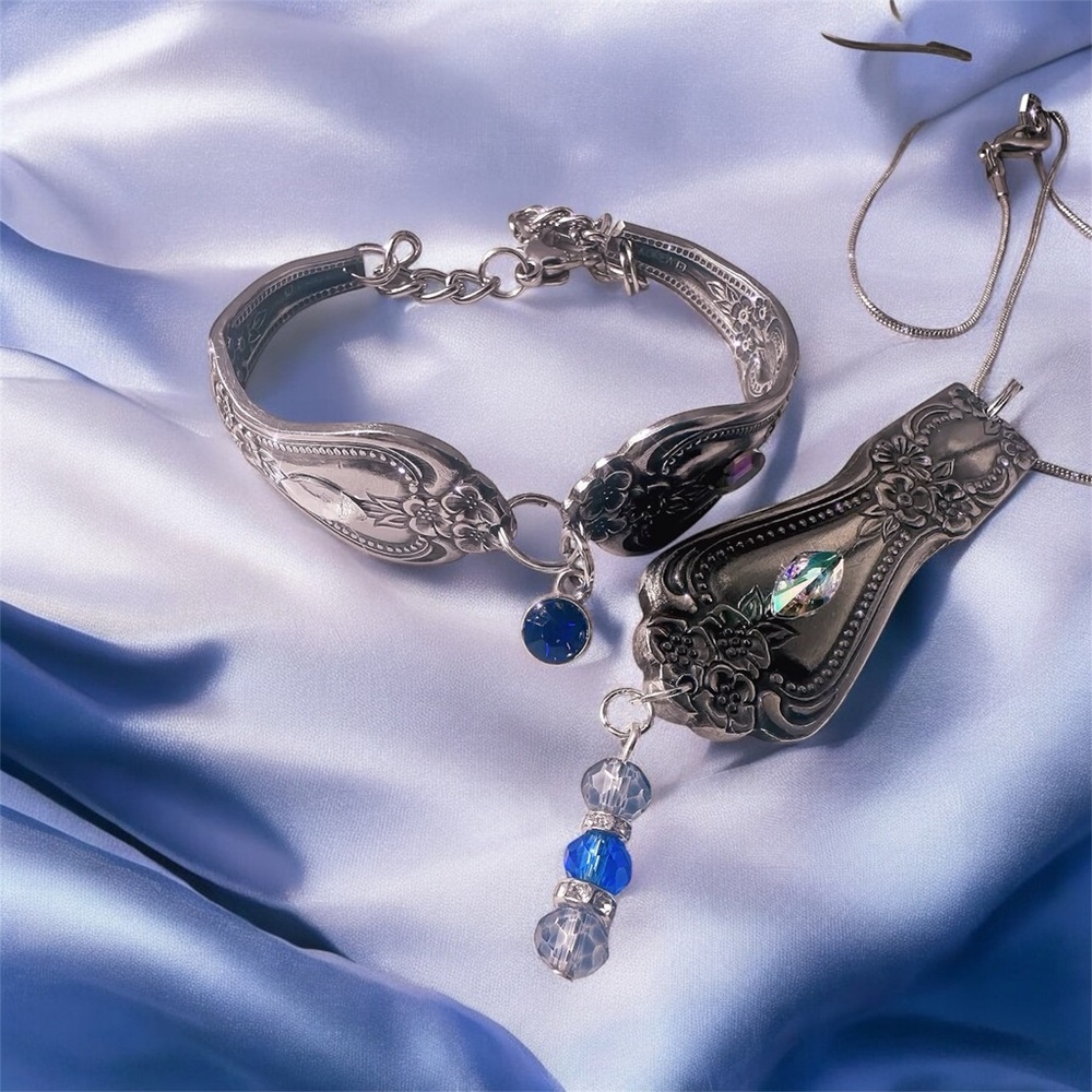 vintage Artisan Silver spoon Bracelet &pennant Handmade Mother’s Day gift idea